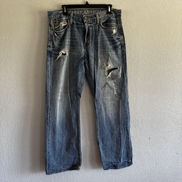 American Eagle Outfitters Other - American Eagle Bootcut Jeans Mens 33x32 Blue Distressed Frayed Holes Baggy